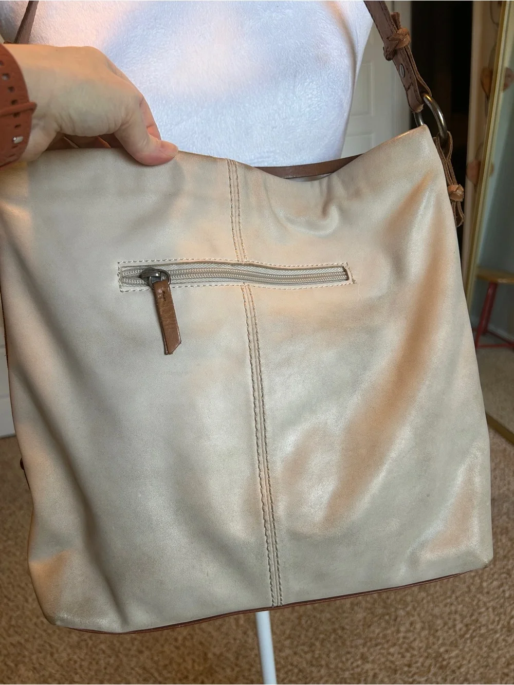 The Sak Ashland Leather Bucket Hobo Shoulder Bag Slouchy Boho Coastal Cream